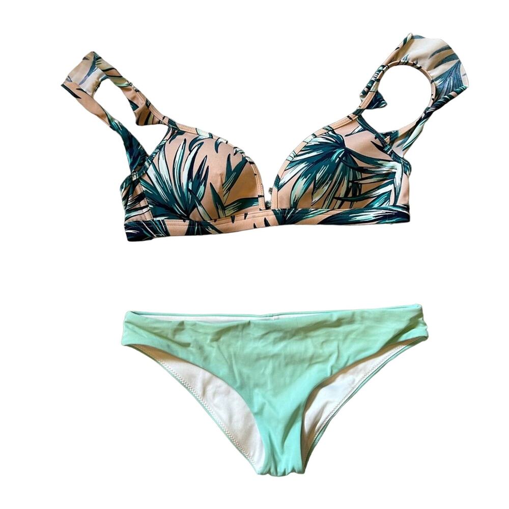Victoria’s Secret pink teal palm tree bikini sz S/XS ruffle shoulder swimsuit